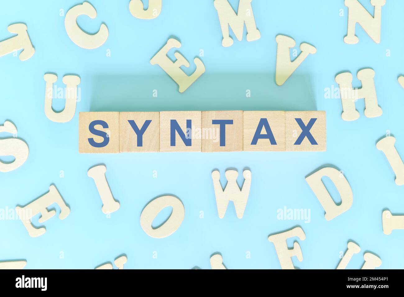Study syntax in linguistics concept wooden blocks word typography flat