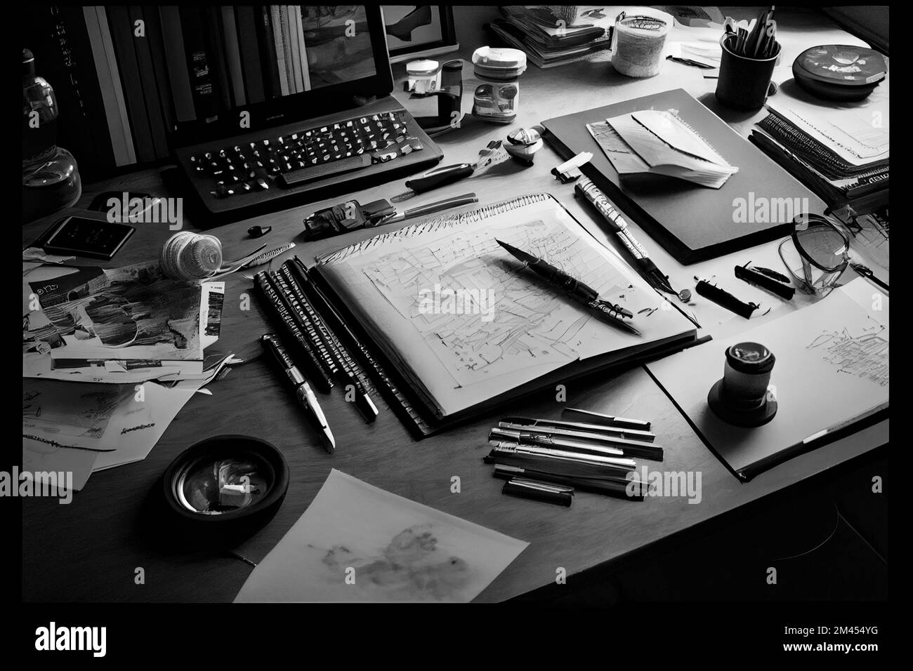 A cluttered desk with pens, papers, and other planning materials scattered around. The scene conveys a sense of productivity and organization as the i Stock Photo
