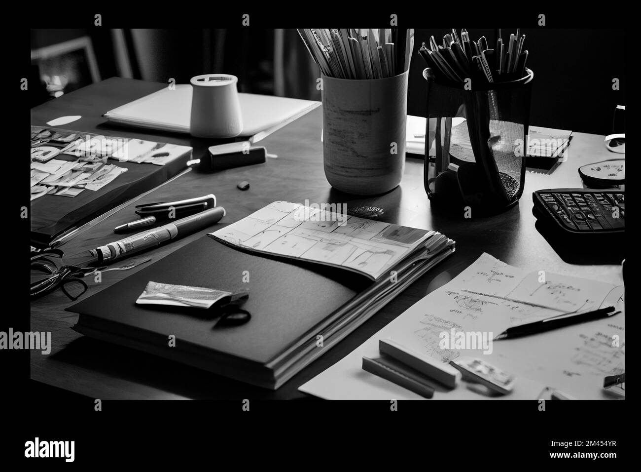 A cluttered desk with pens, papers, and other planning materials ...