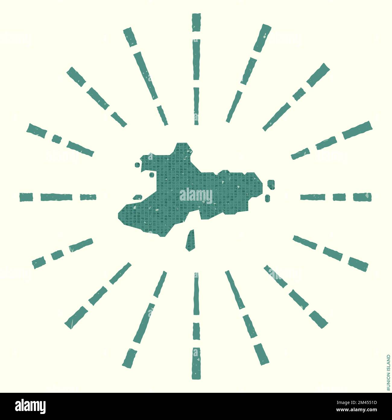 Union Island Logo. Grunge sunburst poster with map of the island. Shape of Union Island filled with hex digits with sunburst rays around. Radiant vect Stock Vector