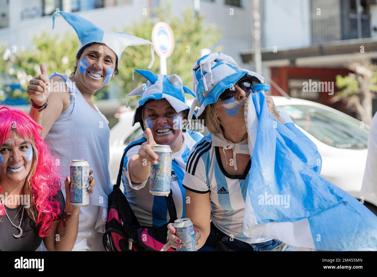 La Plata, Buenos Aires, Argentina - December 18, 2022: Group of woman celebrate Argentina winning the 2022 FIFA World Cup in Qatar. Stock Photo