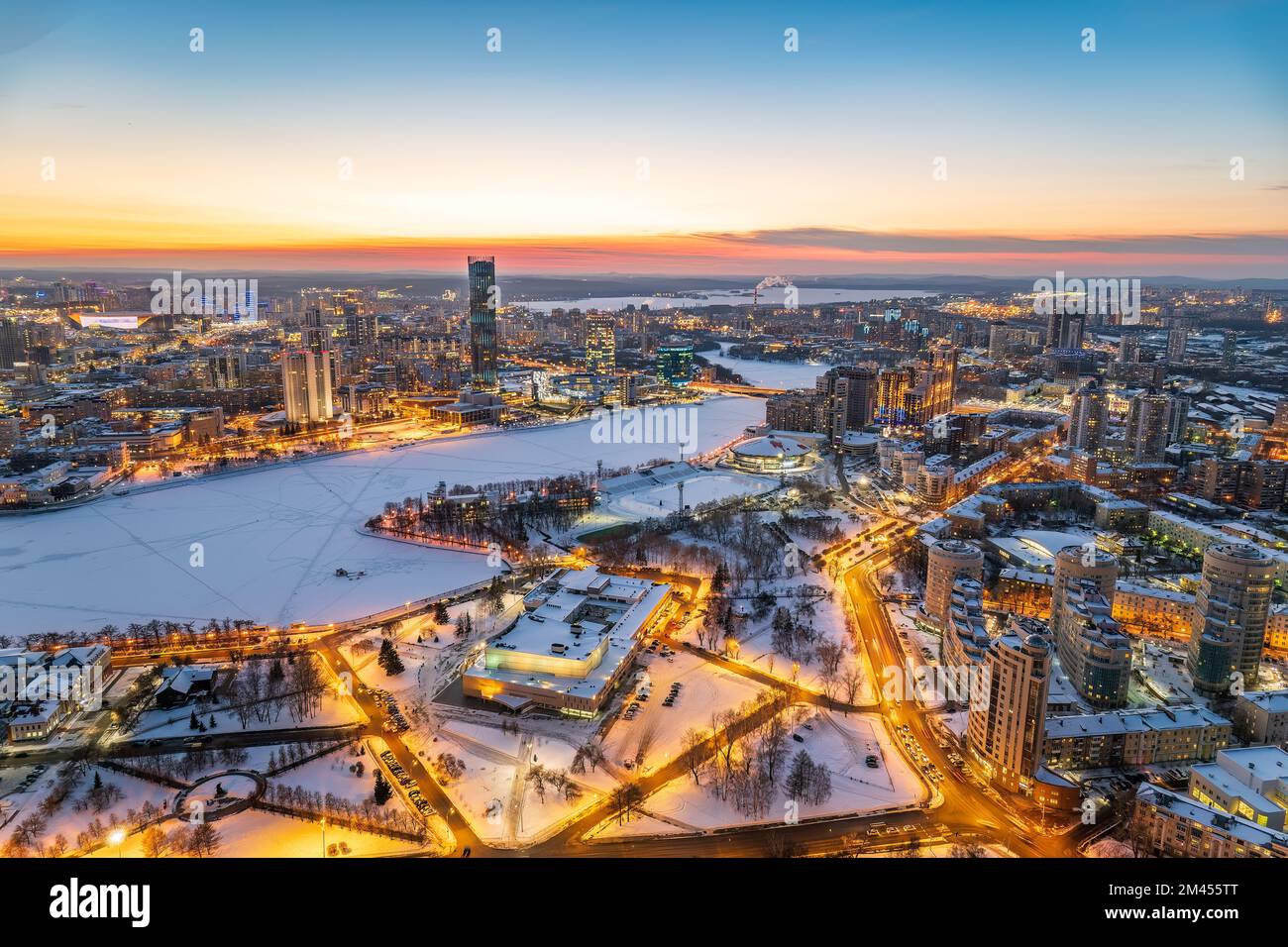Yekaterinburg aerial panoramic view in Winter at sunset. Ekaterinburg ...