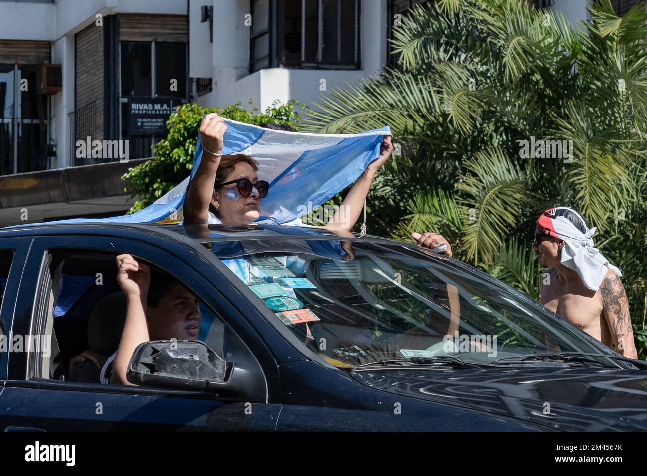 La Plata, Buenos Aires, Argentina - December 18, 2022: Fans celebrate Argentina winning the 2022 FIFA World Cup in Qatar. Stock Photo