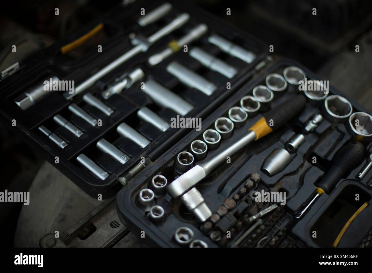 Tool in drawer. Car repairs. Wrenches and nuts. Steel tool kit. Chrome