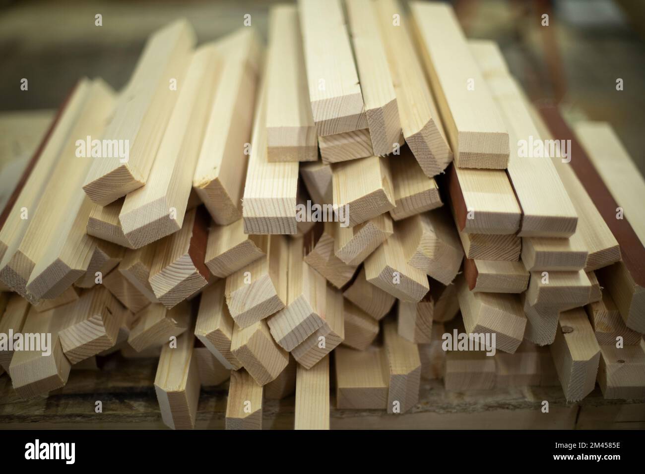 Details made of wood. Plaques on table. Building material in carpentry ...