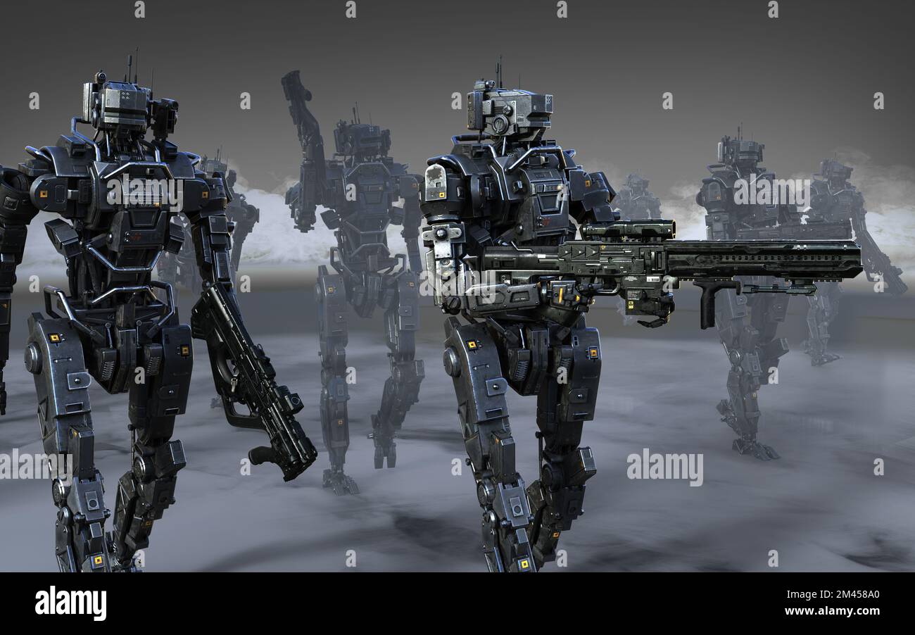 3d Illustration of a group cyborgs mission. Invasion of military robots warfare. Stock Photo