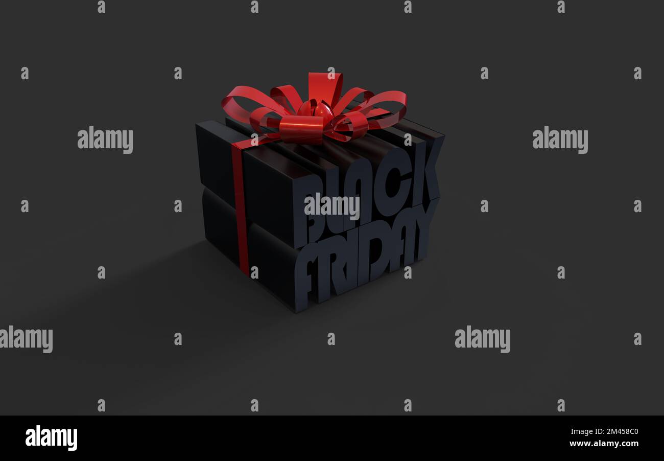 Black Friday Sale. Realistic 3d Illustration design round studio, gift box black, red bow, shopping bag, big percent discount. Stock Photo