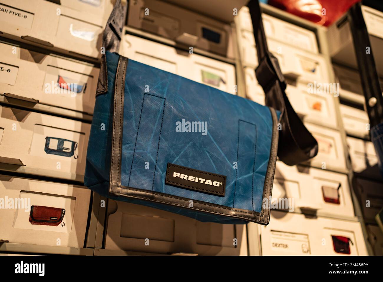 Bangkok, Thailand - December 11, 2022: Freitag bags are made from used truck tarps. Stock Photo