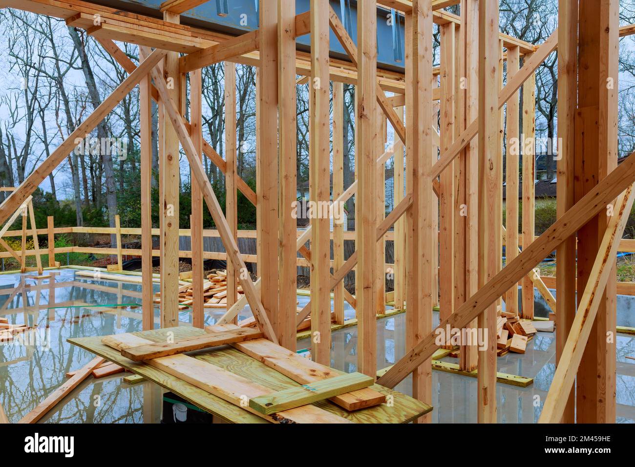 Panorama top view of post beam framework stick built building under