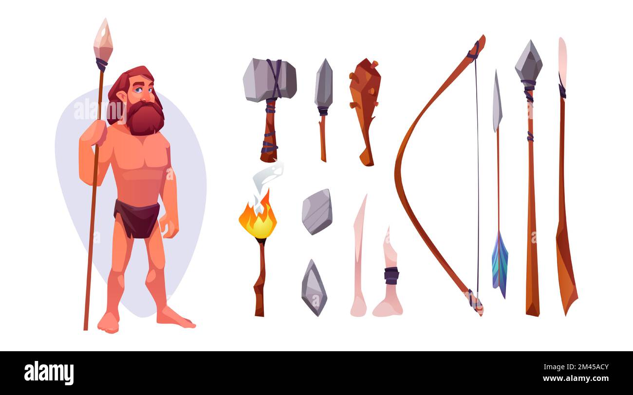 Caveman with weapon set isolated on white background. Cartoon vector illustration of stone age male with primitive wooden tools, axe, hammer, club, axe, spear. Ancient game character design kit Stock Vector