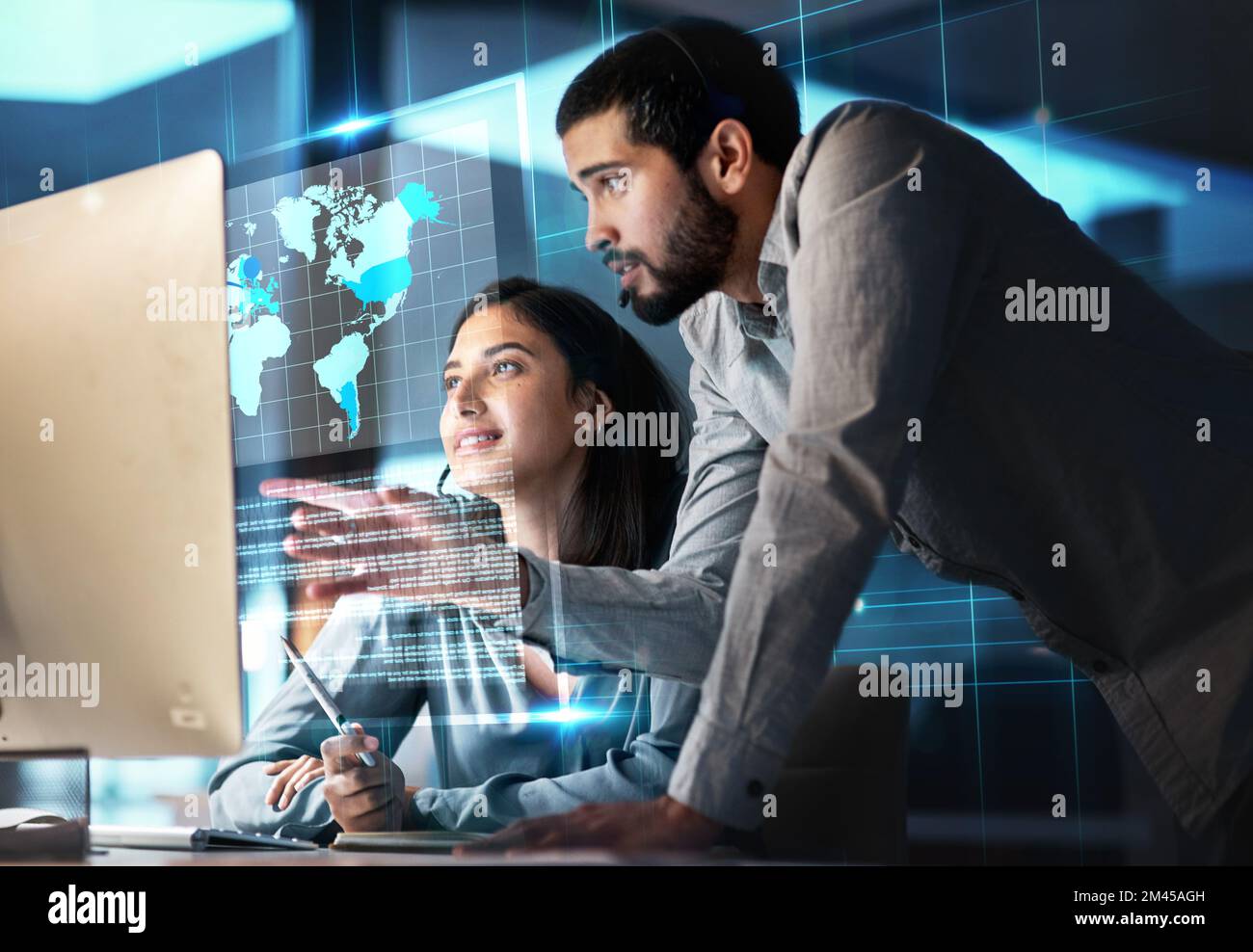 Global network, technology and team with computer for stock trading, cryptocurrency and data analytics. International business, finance and Stock Photo