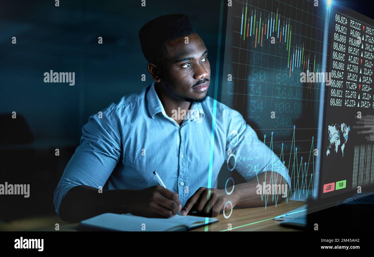 Businessman, thinking or futuristic finance data in night office for stock market trading, investment management or global economy learning. Financial Stock Photo