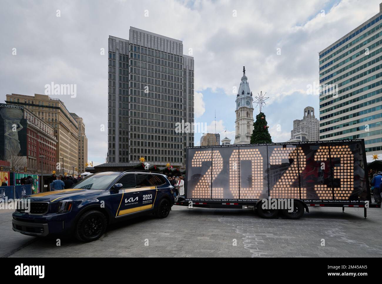 PHILADELPHIA, PA, USA - DECEMBER 18, 2022: Times Square New Year's Eve 2023 Numerals at Christmas Village. Stock Photo