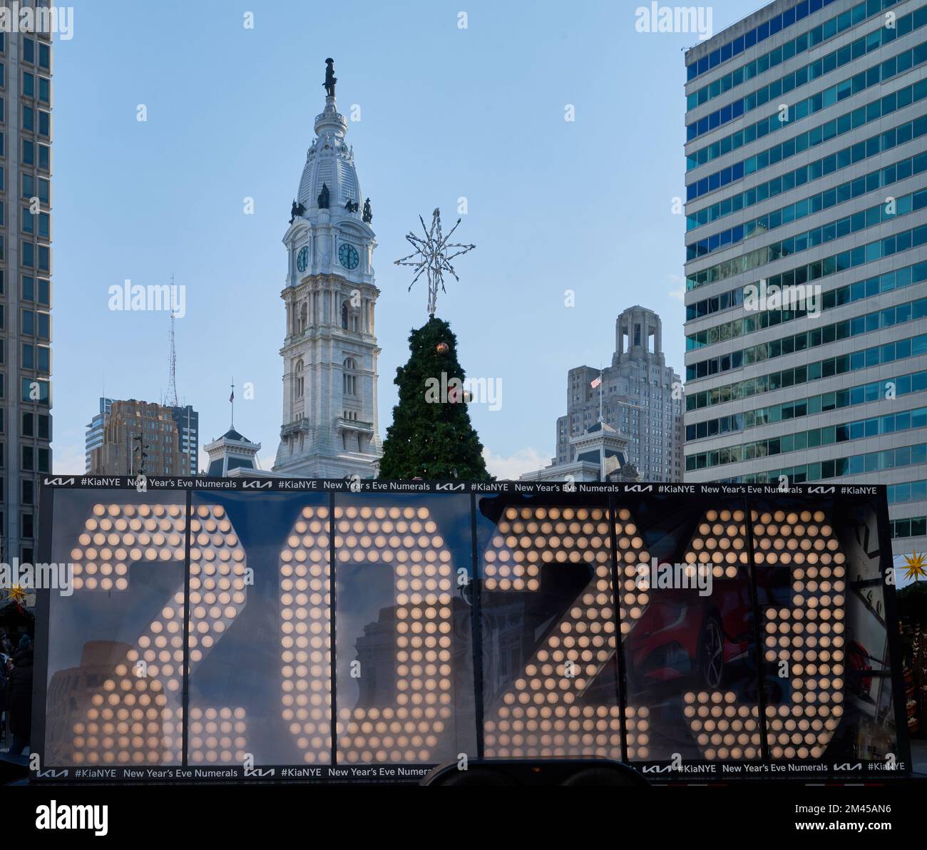 PHILADELPHIA, PA, USA - DECEMBER 18, 2022: Times Square New Year's Eve 2023 Numerals at Christmas Village. Stock Photo