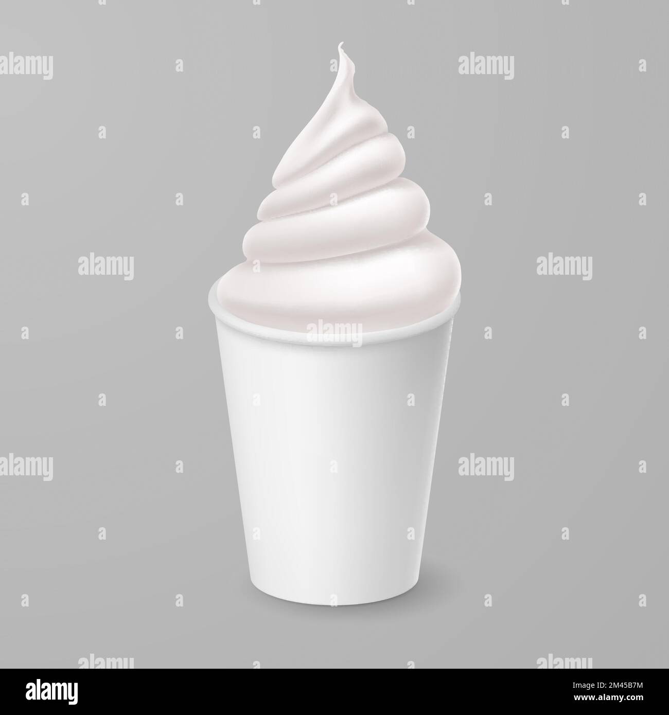 Whipped Vanilla Frozen Yogurt or Soft Ice Cream Mockup in White Paper Cup. Isolated Illustration on Gray Backdrop Stock Vector