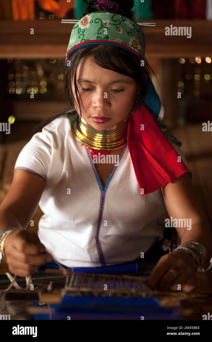 Two Padaung (Karen or Kayan Lahwi) girls wearing the traditional metal