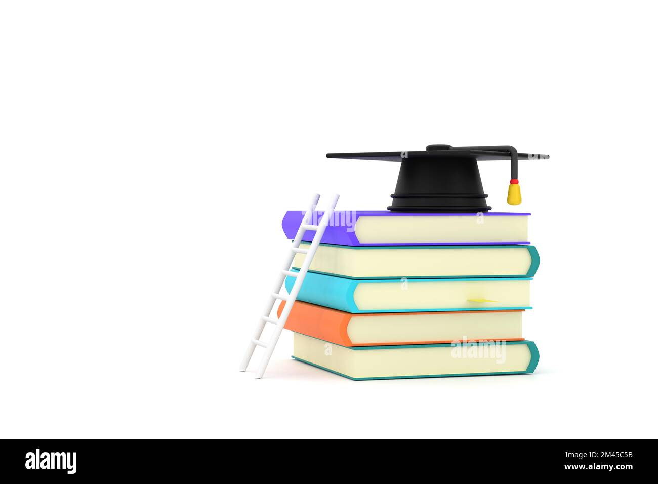 3D About Education Featuring a Ladder Resting Against a Pile of Books With a Graduation Cap on Top Stock Photo