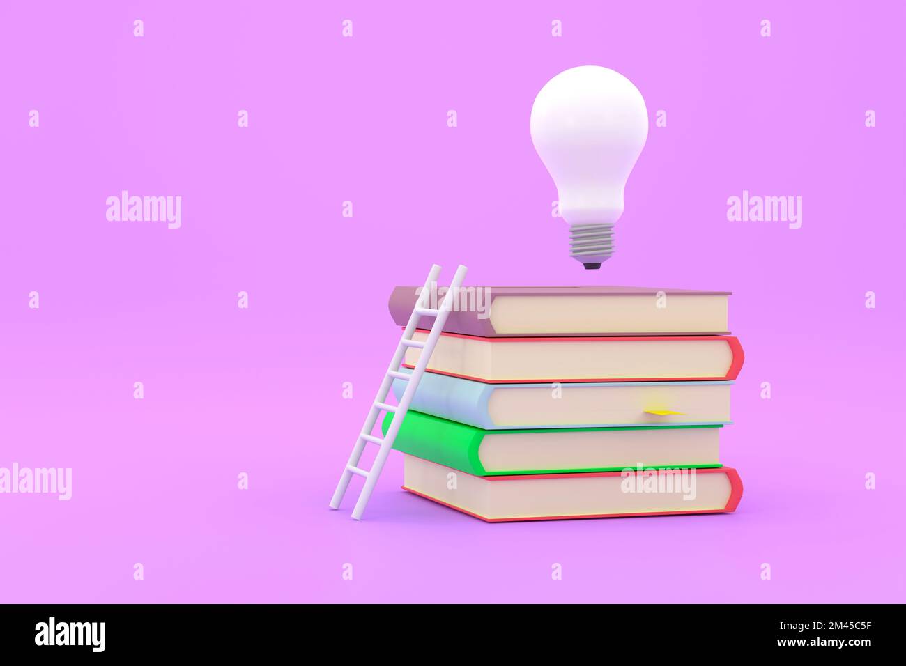 3D. stack of books with white ladder and illuminated light bulb on top of them. Stock Photo