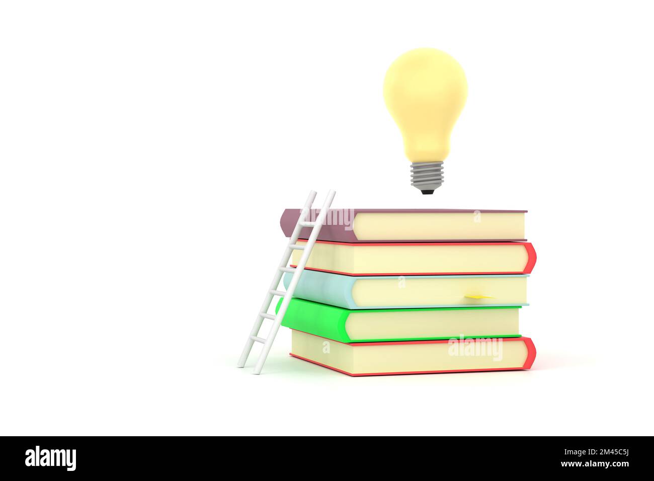 3D. stack of books with white ladder and illuminated light bulb on top of them. Stock Photo