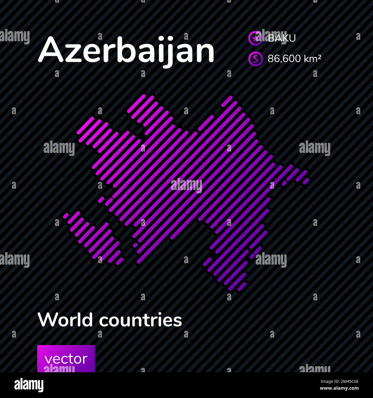Vector stylized striped map of Azerbaijan in violet and black colors. Flat style. Educational banner, poster about Azerbaijan Stock Vector