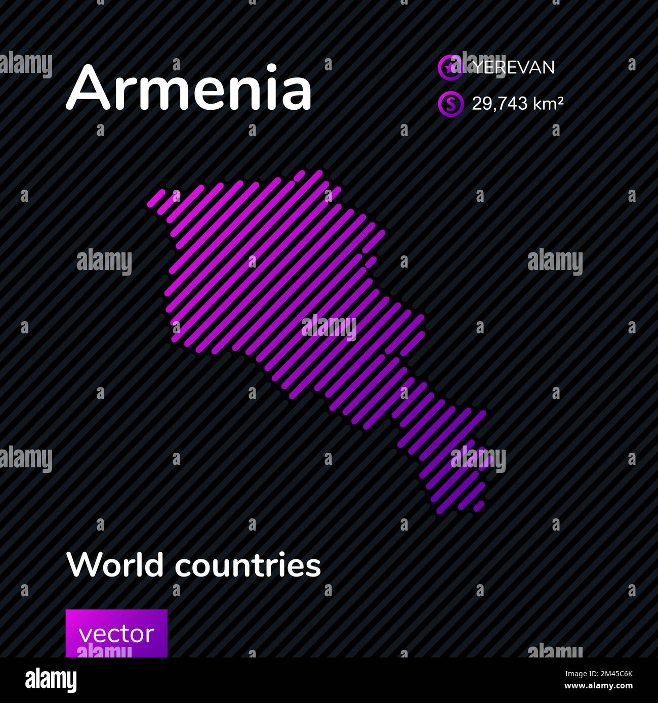 Vector stylized striped map of Armenia in violet and black colors. Flat style. Educational banner, poster about Armenia Stock Vector