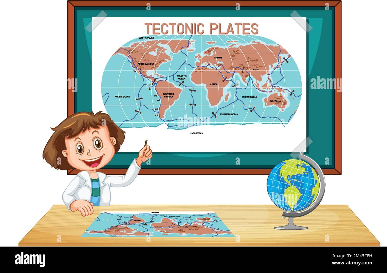 Student girl explaining tectonic plates illustration Stock Vector