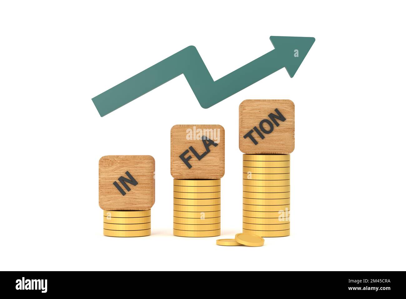 3D. INFLATION word on a wooden cube on coins in idea, world economics ...