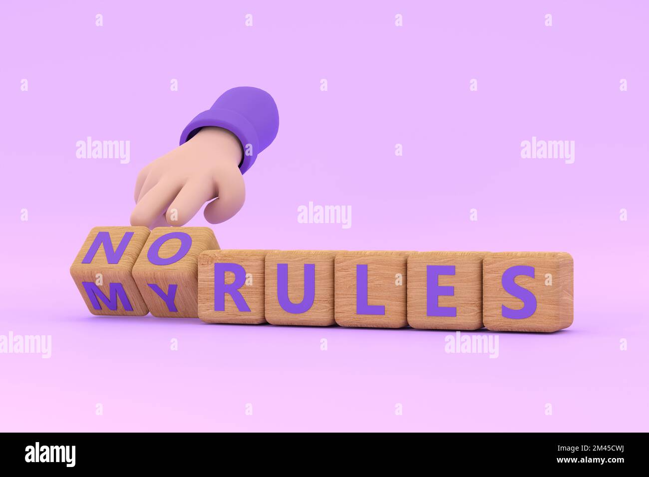 3d. Hand turns dice and changes the expression  no rule  to my rules. Stock Photo