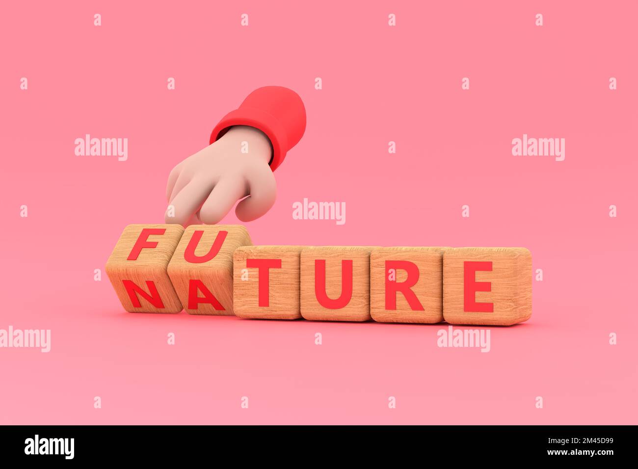 3d. Hand turns dice and changes the word "future" to "nature Stock