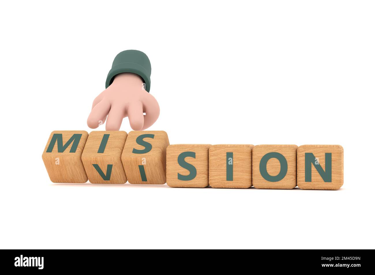 3d. Hand turns dice and changes the word 'mission' to 'vision'. Stock Photo