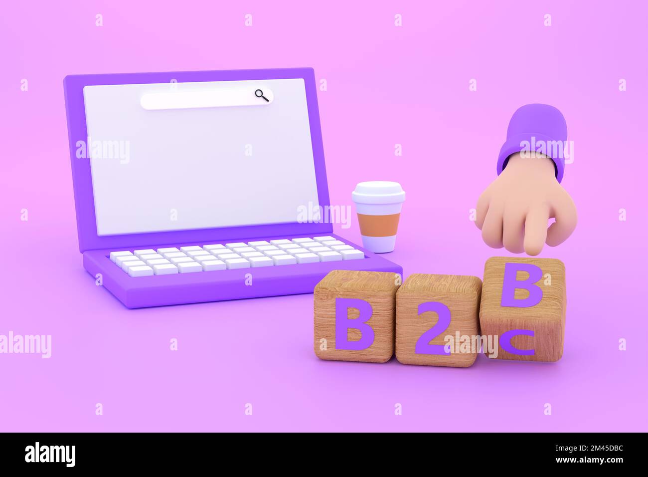 3d. Hand turns a dice and changes the expression "B2B" to "B2C" Stock Photo
