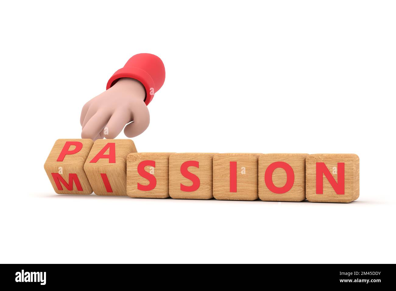 3d. Hand turns dice and changes the word 'passion' to 'mission'. Stock Photo