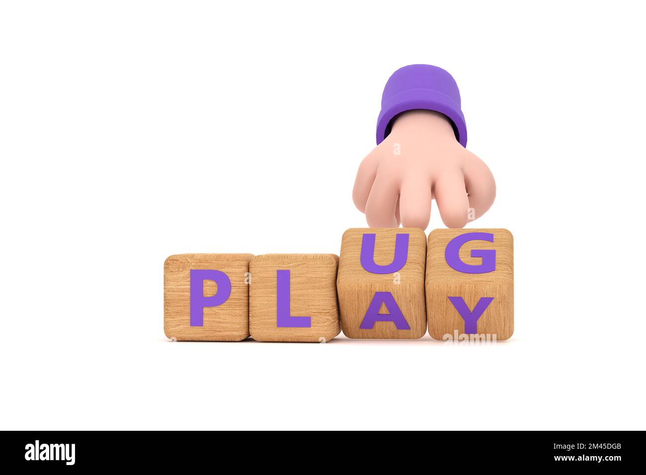 3d. Hand turns dice and changes the word 'plug' to 'play'. Stock Photo