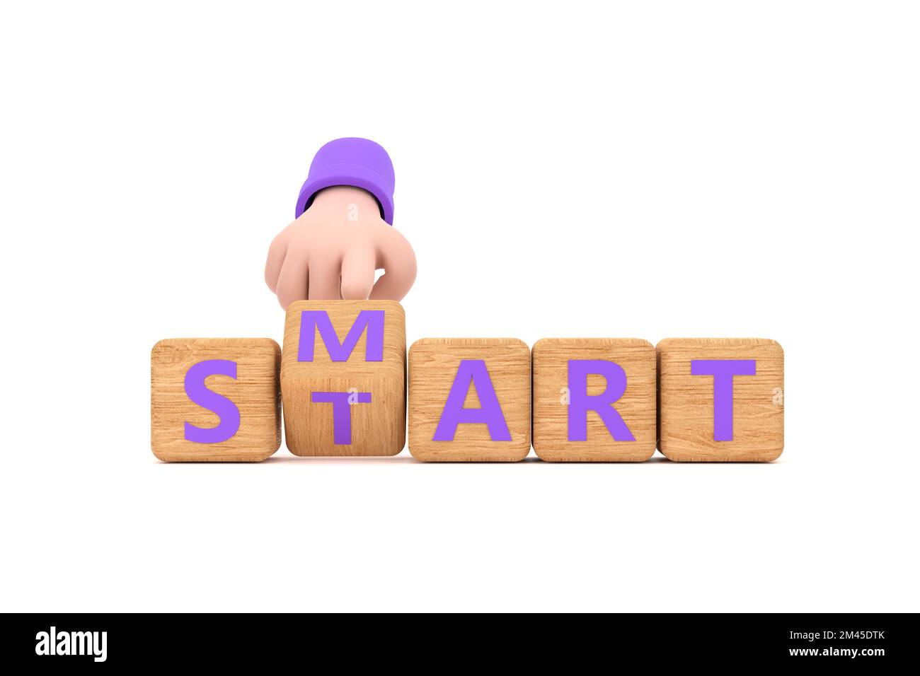 3d. Hand turns dice and changes the word 'smart' to 'start'. Stock Photo