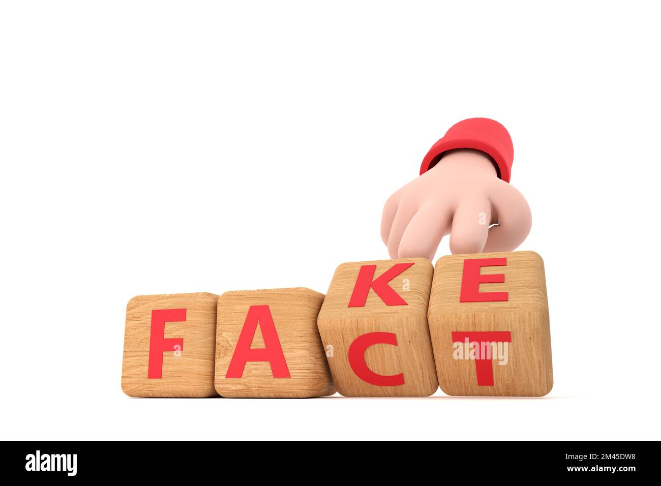 3d. Hand turns dice and changes the word 'fake' to 'fact'. Stock Photo