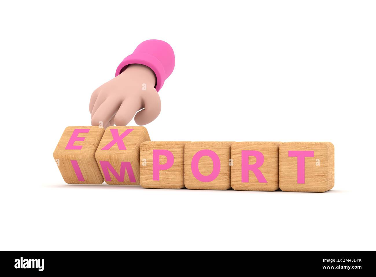 3d. Hand turns dice and changes the word 'import' to 'export'. Stock Photo