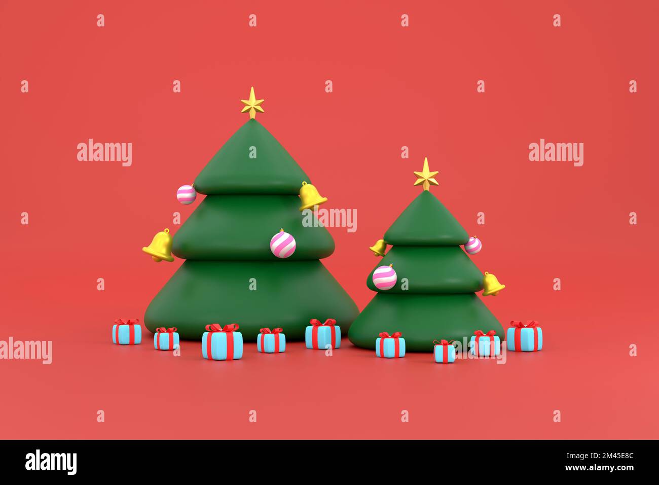 3D. Christmas tree with star, bell and gift box. Merry Christmas and Happy New Year. Stock Photo