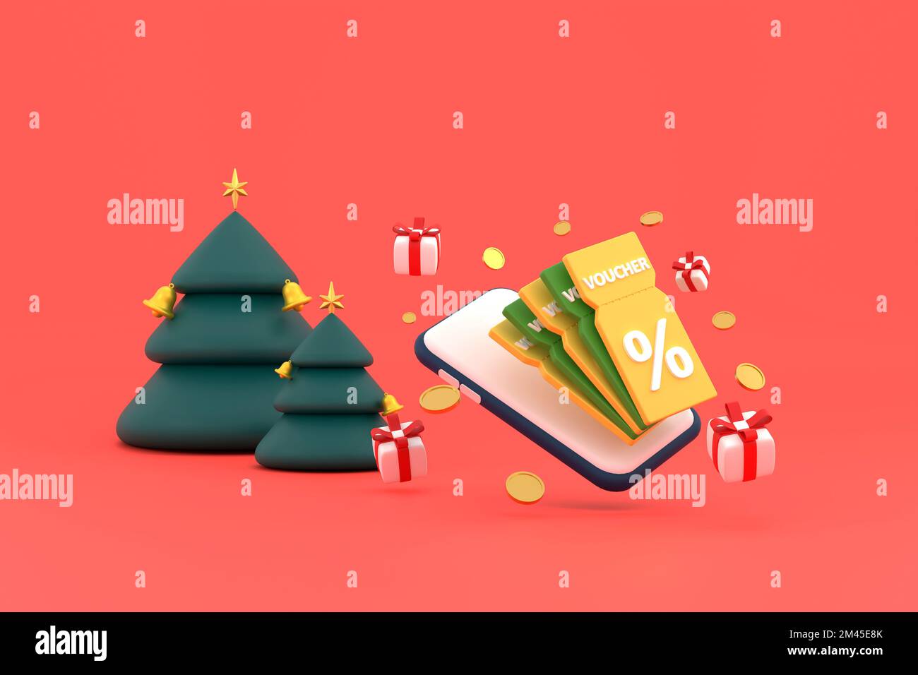 3D. smartphone on discount coupon with percentage sign with coins and gift box, christmas tree. Stock Photo