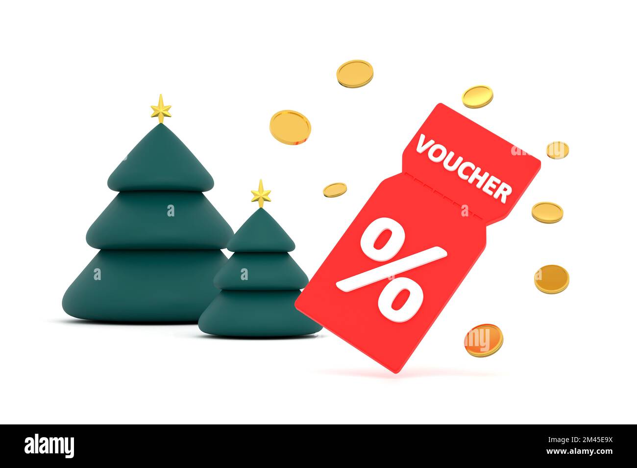 3D. discount coupon with percentage sign with coins. Voucher card cash back christmas tree. Stock Photo