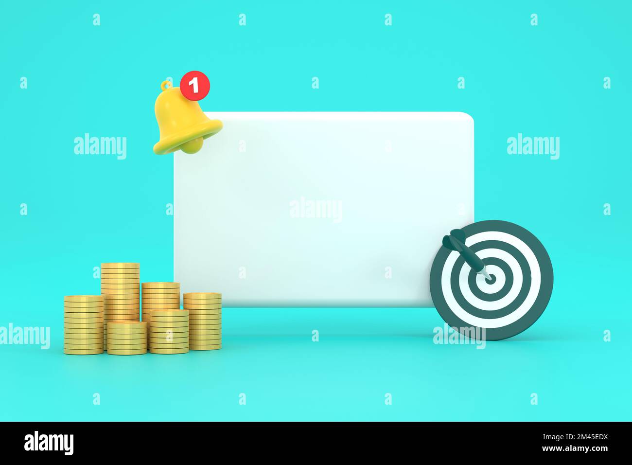 3D. Empty reminder pop up, notification bell icon with darts and coins. Stock Photo