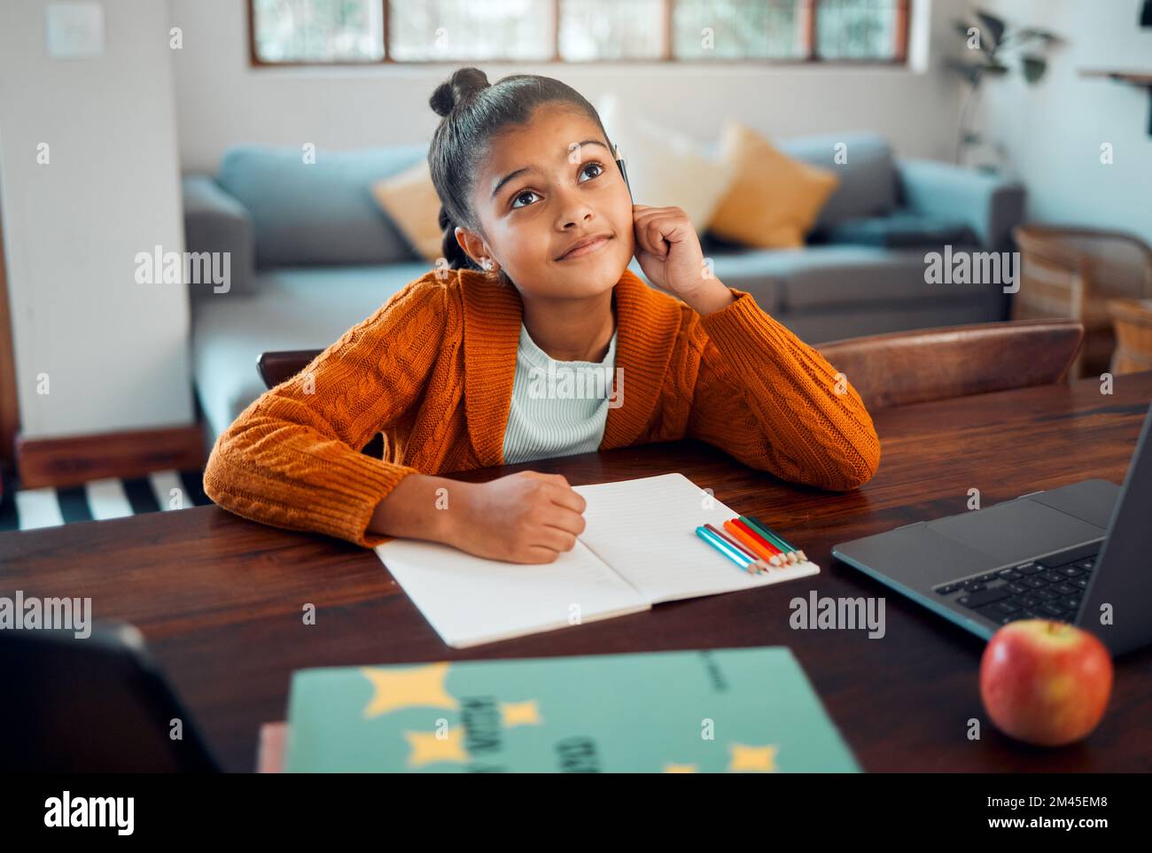 Education, writing or girl in a house thinking of solutions, learning math problem solving or child development. Ideas, child or young Indian school Stock Photo