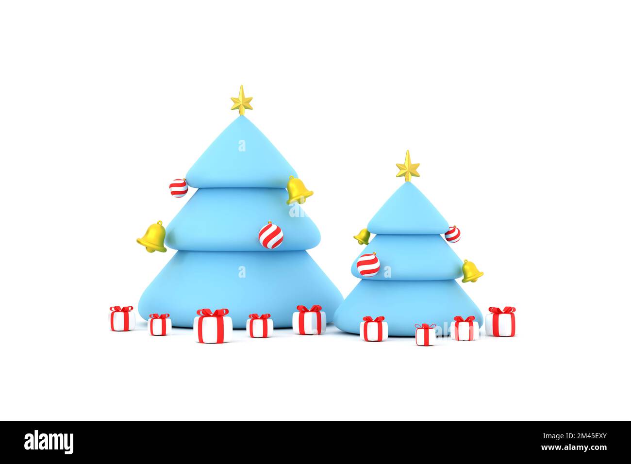 3D. Christmas tree with star, bell and gift box. Merry Christmas and Happy New Year. Stock Photo