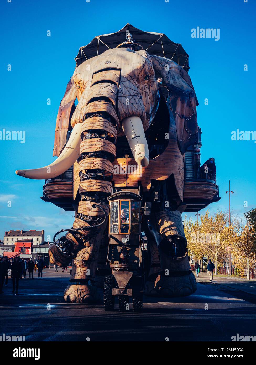 A vertical of people gathered at the Great Elephant in a park in Nantes, France Stock Photo