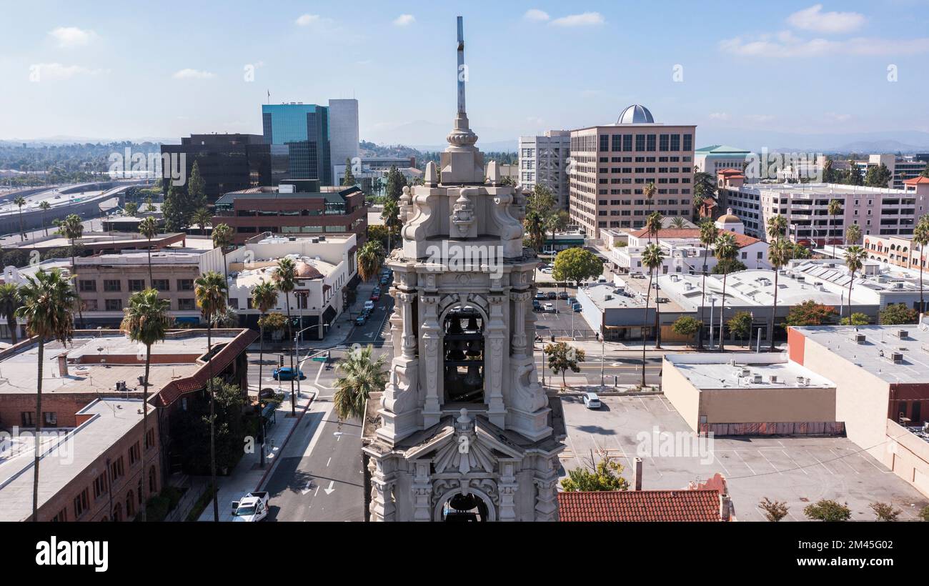 Daytime aerial skyline view of downtown Riverside, California, USA
