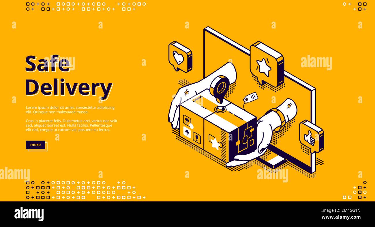 Safe delivery online service isometric landing page. Human hands give parcel bag with goods from computer desktop. Internet shopping, order shipping, retail business, 3d vector line art web banner Stock Vector