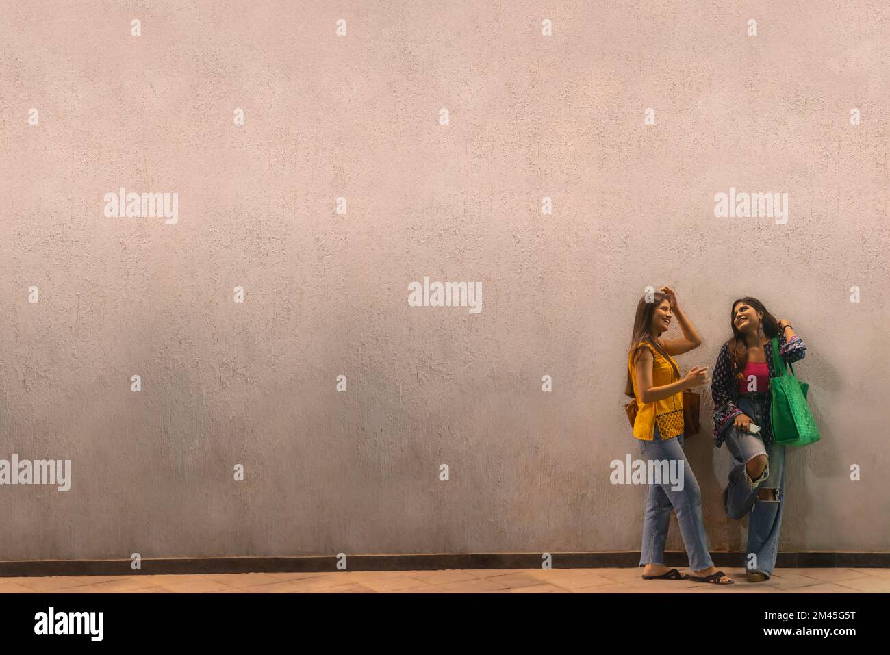 Long distance shot of two Indian woman with bags standing together against wall Stock Photo