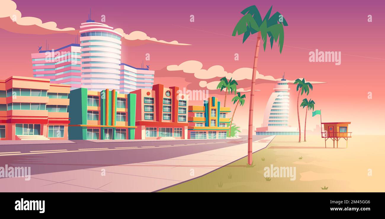 Street in Miami with hotels, sand beach and palm trees. Vector cartoon tropical landscape with buildings in resort city at sunset. Summer cityscape with empty road and rescue tower on sea shore Stock Vector