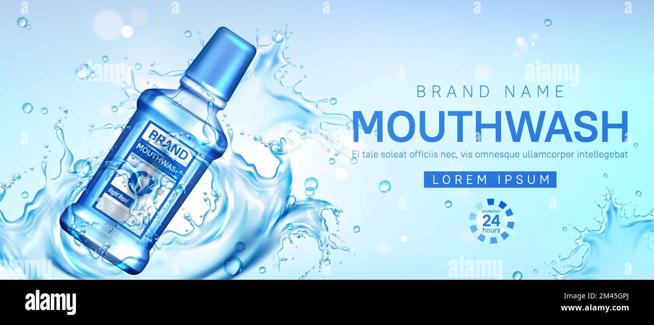 Mouthwash bottle in water splash. Vector realistic brand poster with