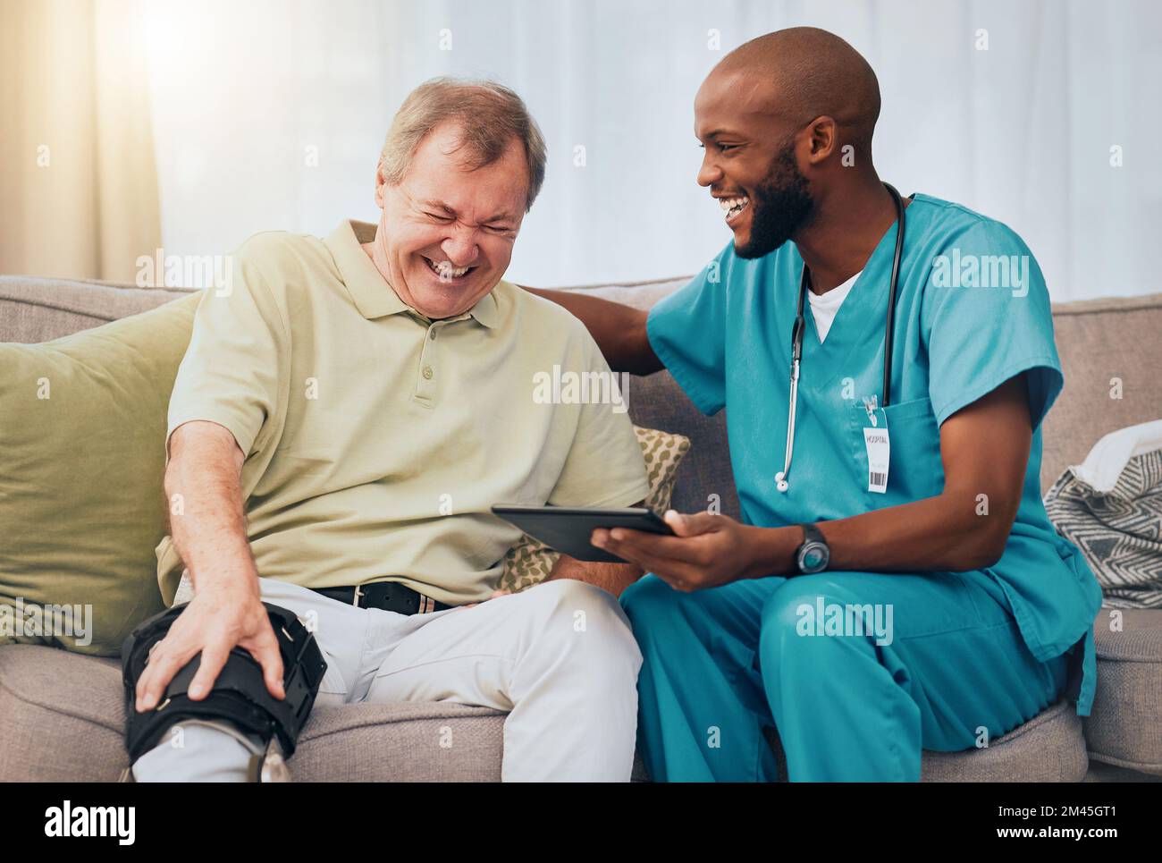 Rehabilitation, knee pain and man and nurse with tablet for recovery