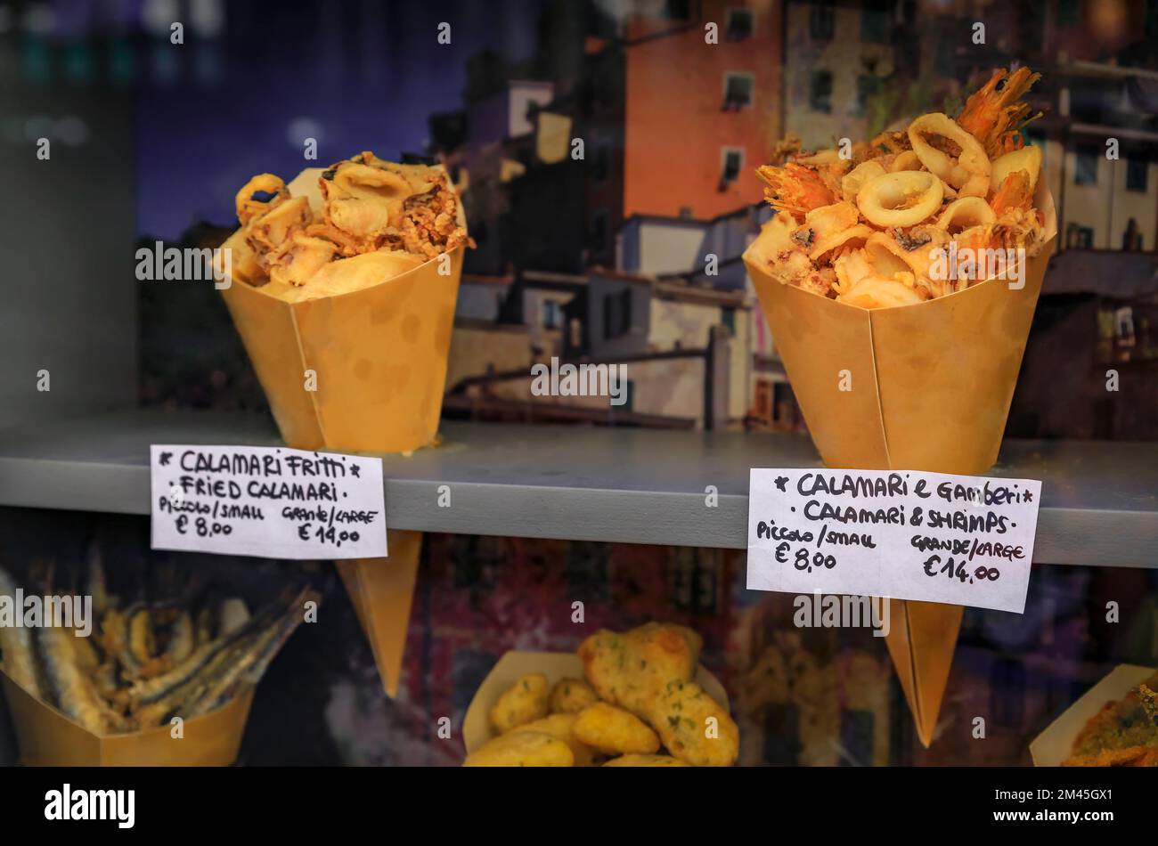 Cones of fritto misto, Italian street food mix of fried calamari and